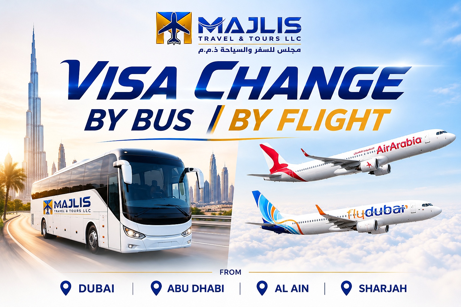 Visa change by bus and flight from Dubai, Abu Dhabi, Al Ain and Sharjah